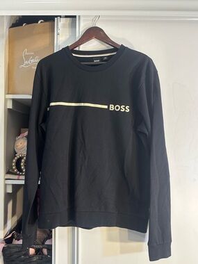 Boss Black Crewneck Sweater with Gold Logo Stripe